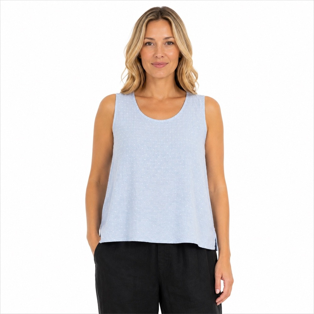 FLAX Linen Tank Top Womens Large Light Blue Swiss Dot Boxy Lagenlook Sleeveless